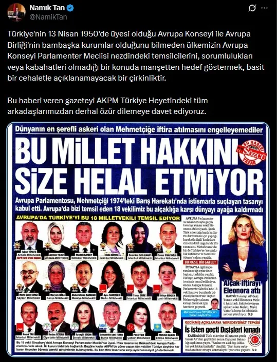 Namık Tan'dan Sözcü Gazetesi'ne sert tepki: