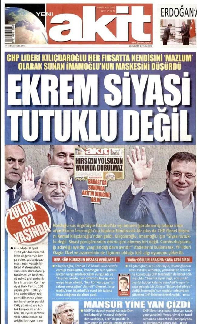 Yeni Akit, Kılı&ccedil;daroğlu&rsquo;nu manşetten destekledi! "İmamoğlu'nun maskesini d&uuml;ş&uuml;rd&uuml;" - Resim : 1