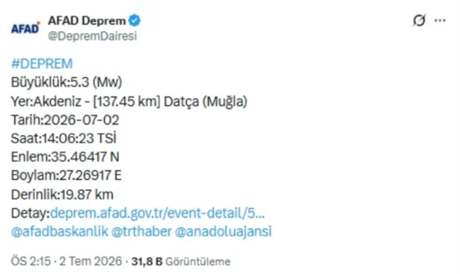 Muğla'da 5.3 şiddetinde korkutan deprem! - Resim : 1