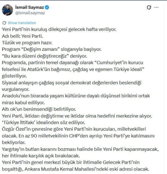 Özel’in ‘Yeni Parti’sinde dikkat çeken ayrıntı! Yargıtay kararına özel formül - Resim : 1