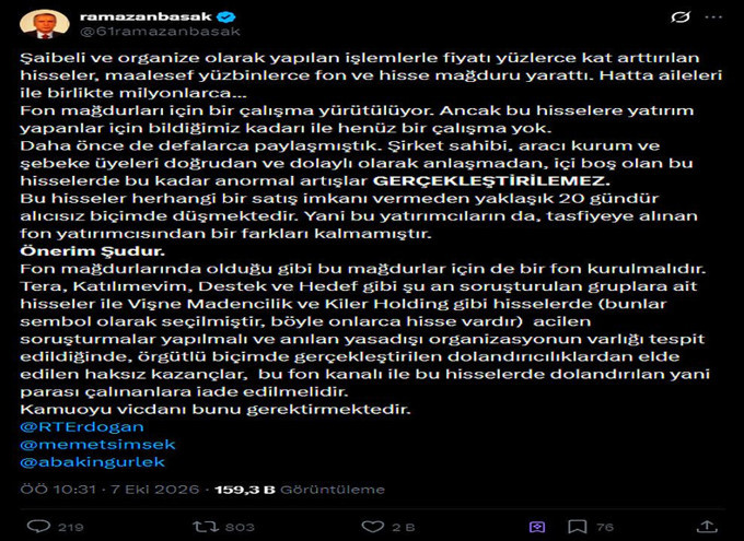 Fon krizinde yeni mağduriyet uyarısı! Ramazan Başak'tan hisse yatırımcıları için fon çağrısı - Resim : 1