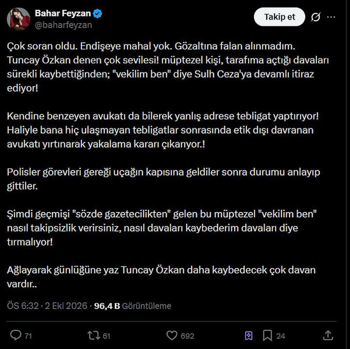 &ldquo;G&ouml;zaltına alınmadım&rdquo; dedi, Tuncay &Ouml;zkan&rsquo;ı hedef aldı: &ldquo;&Ccedil;ok sevilesi m&uuml;ptezel kişi&rdquo; - Resim : 1
